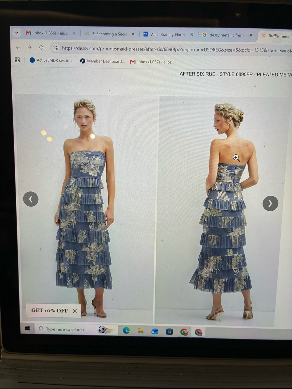 After Six Strapless Blue Dress with Gold Metallic Floral Tiering